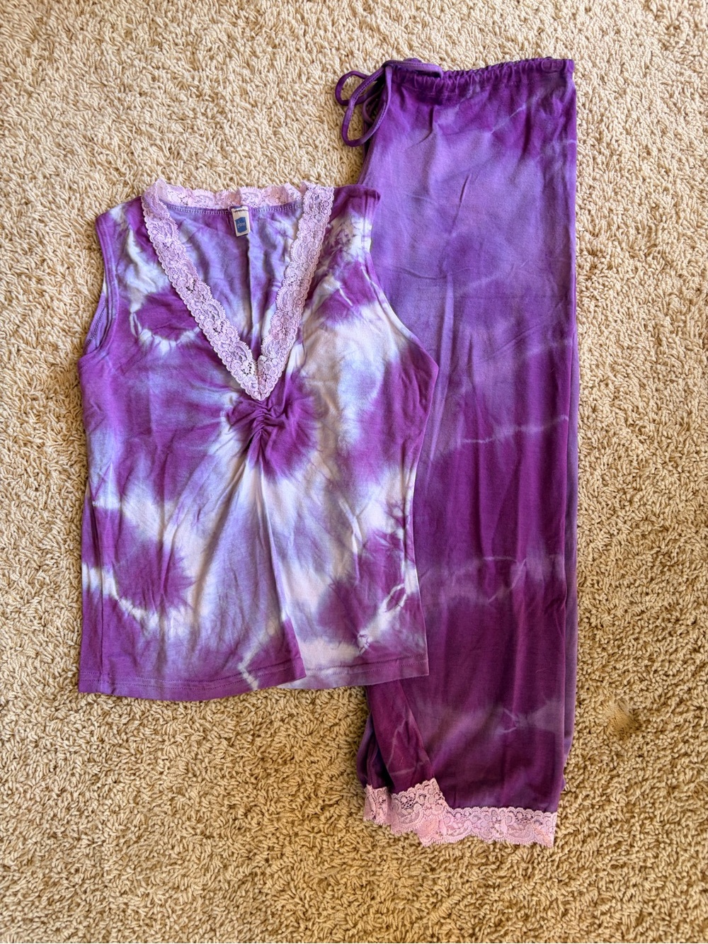 Women's Purple Tie-Dye Lace-Trim Pajama Set